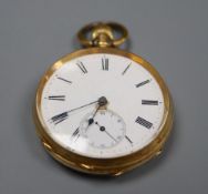 A continental 18k keyless open face pocket watch, (a.f.), the metal cuvette inscribed 'Maker to