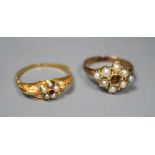 Two late Victorian yellow metal rings- garnet and seed pearl cluster and seed pearl cluster(stone