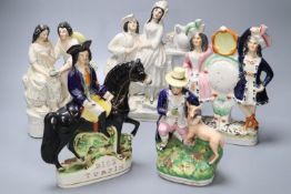 Five 19th century Staffordshire pottery figures including Dick Turpin, later 24cm