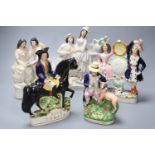 Five 19th century Staffordshire pottery figures including Dick Turpin, later 24cm