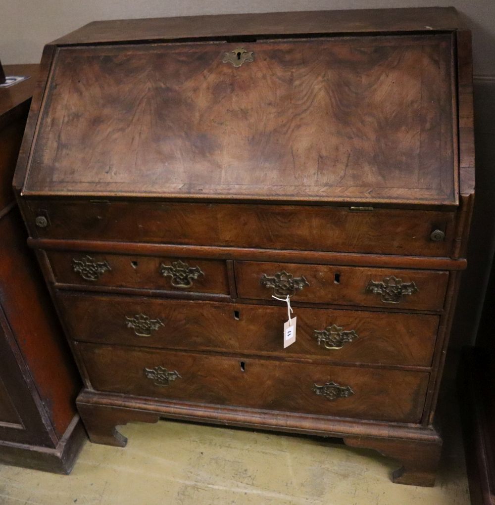 An early 18th century walnut bureau, width 91cm depth 54cm height 98cm