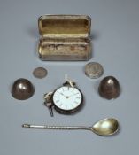 A French white metal snuff box, two other boxes including egg shaped, a Russian spoon, silver fob