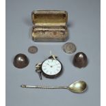 A French white metal snuff box, two other boxes including egg shaped, a Russian spoon, silver fob