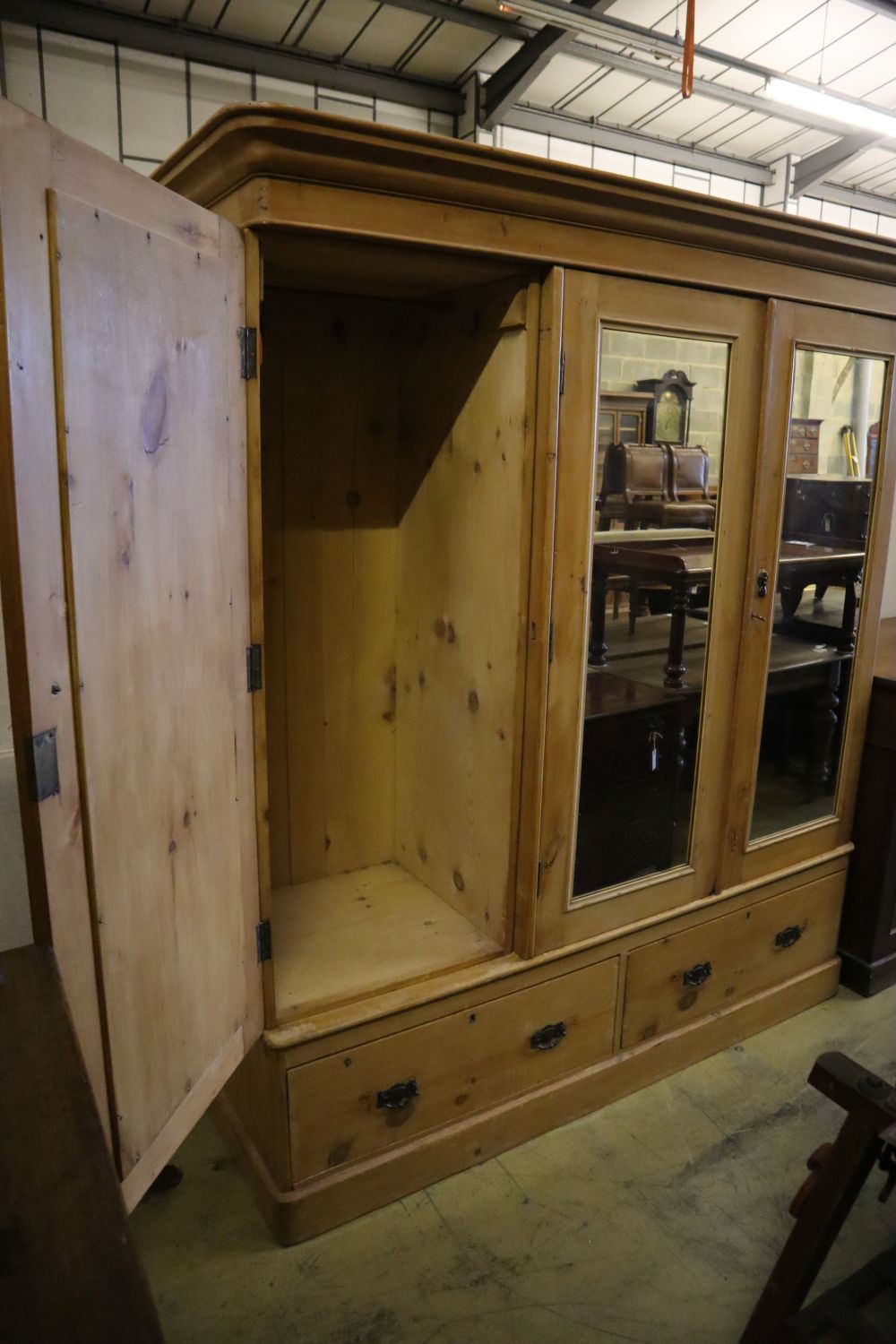 A Victorian pine mirrored triple wardrobe, width 185cm depth 60cm height 206cm - Image 3 of 3