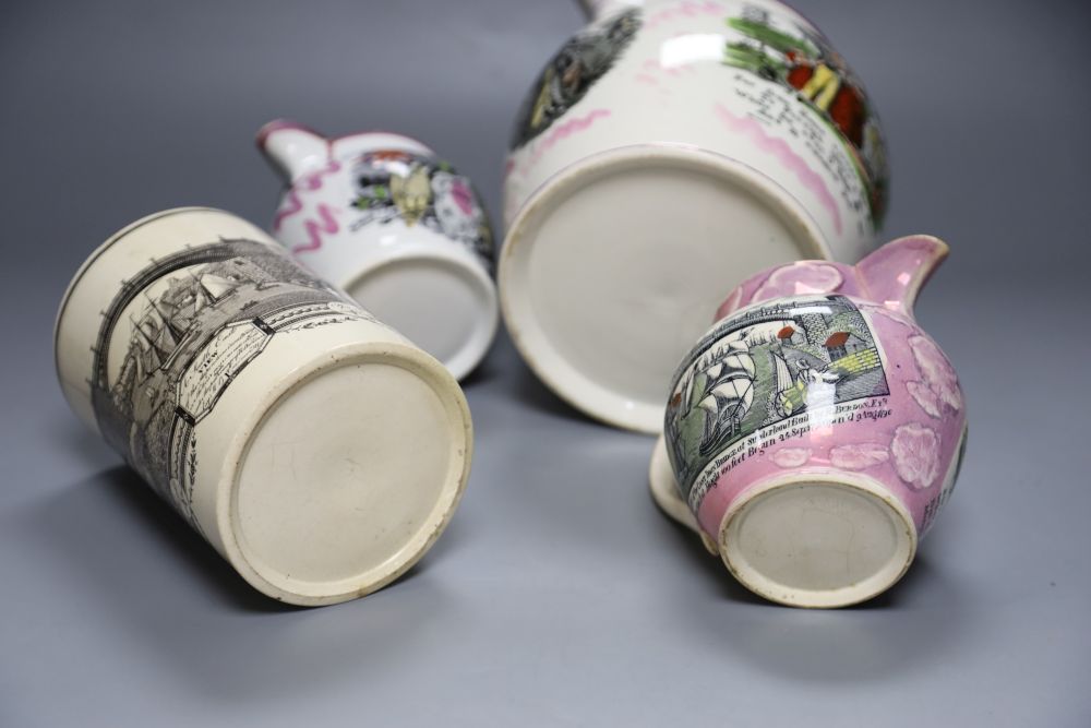 Three Sunderland pink lustre Pearlware jugs and a Sunderland Bridge creamware mug, tallest - Image 6 of 6