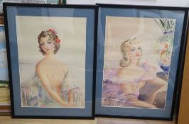 L. Olivier Lesieur, pair of watercolours, Portraits of scantilly clad young ladies, signed, 58 x