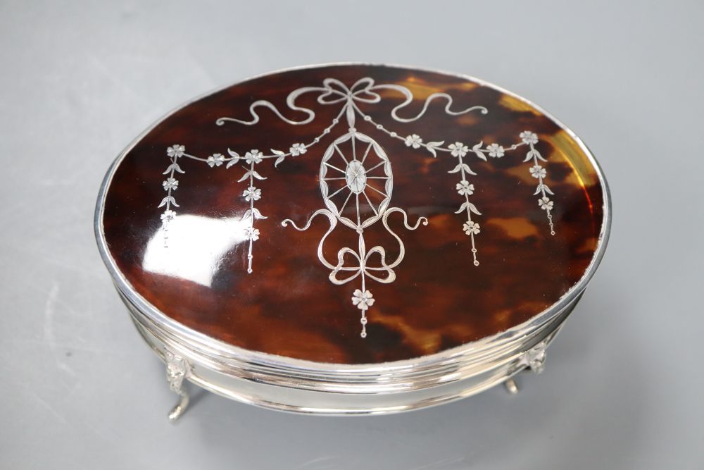 A George V silver and tortoiseshell oval trinket box, Birmingham, 1919, 14.5cm. - Image 2 of 4