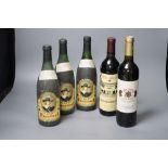 Five bottles of wine: Faustino Rioja 1964 (3), Gran Fabrica Carienne 2006 and Vina Albali 1995