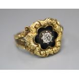 A William IV gold (tests as 14ct) and black enamel memorial ring set with a single diamond, size K/