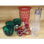 A claret jug with plated mount, Victorian rummer, three Bristol green glass bowls, ruby and