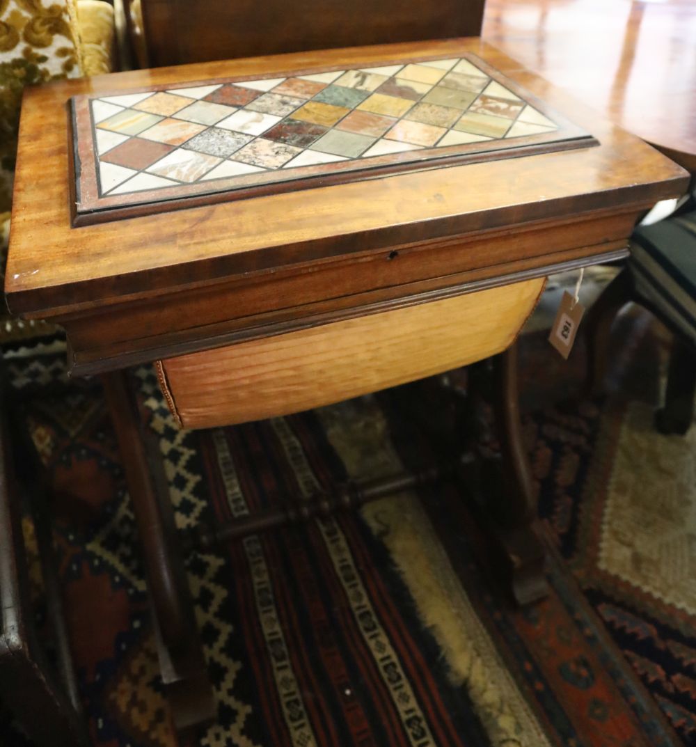 A Victorian mahogany work table with specimen marble top, width 45cm, depth 74cm