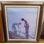 Vicente Aguilar Villalonga, oil on canvas, Figures on the beach, Pollenca, Majorca, signed and