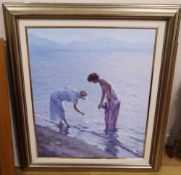 Vicente Aguilar Villalonga, oil on canvas, Figures on the beach, Pollenca, Majorca, signed and