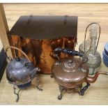 A Christopher Dresser style plated kettle, a copper coal box, a copper kettle and a plated two-