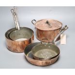 Three copper saucepans and three other copper cooking utensils