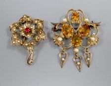 Two 9ct and gem set pendant brooches including one early 20th century, largest 46mm, gross 12.1