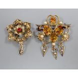 Two 9ct and gem set pendant brooches including one early 20th century, largest 46mm, gross 12.1