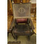 Two carved walnut Italian Renaissance style open armchairs, one with gilt terminals, the back and