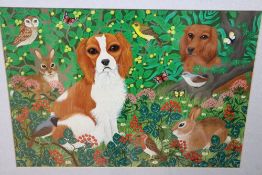 Sylvia Emmons (1938-), gouache, Dogs, rabbits and birds, signed, 35 x 51cm