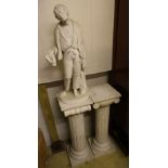 A pair of marble ionic columns together with a marble carving signed Esule, figure 70cm high