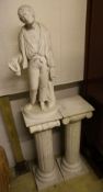 A pair of marble ionic columns together with a marble carving signed Esule, figure 70cm high