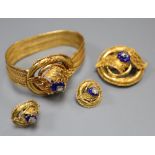 A Victorian yellow metal, blue enamel and rose cut diamond set demi parure, comprising a bracelet,