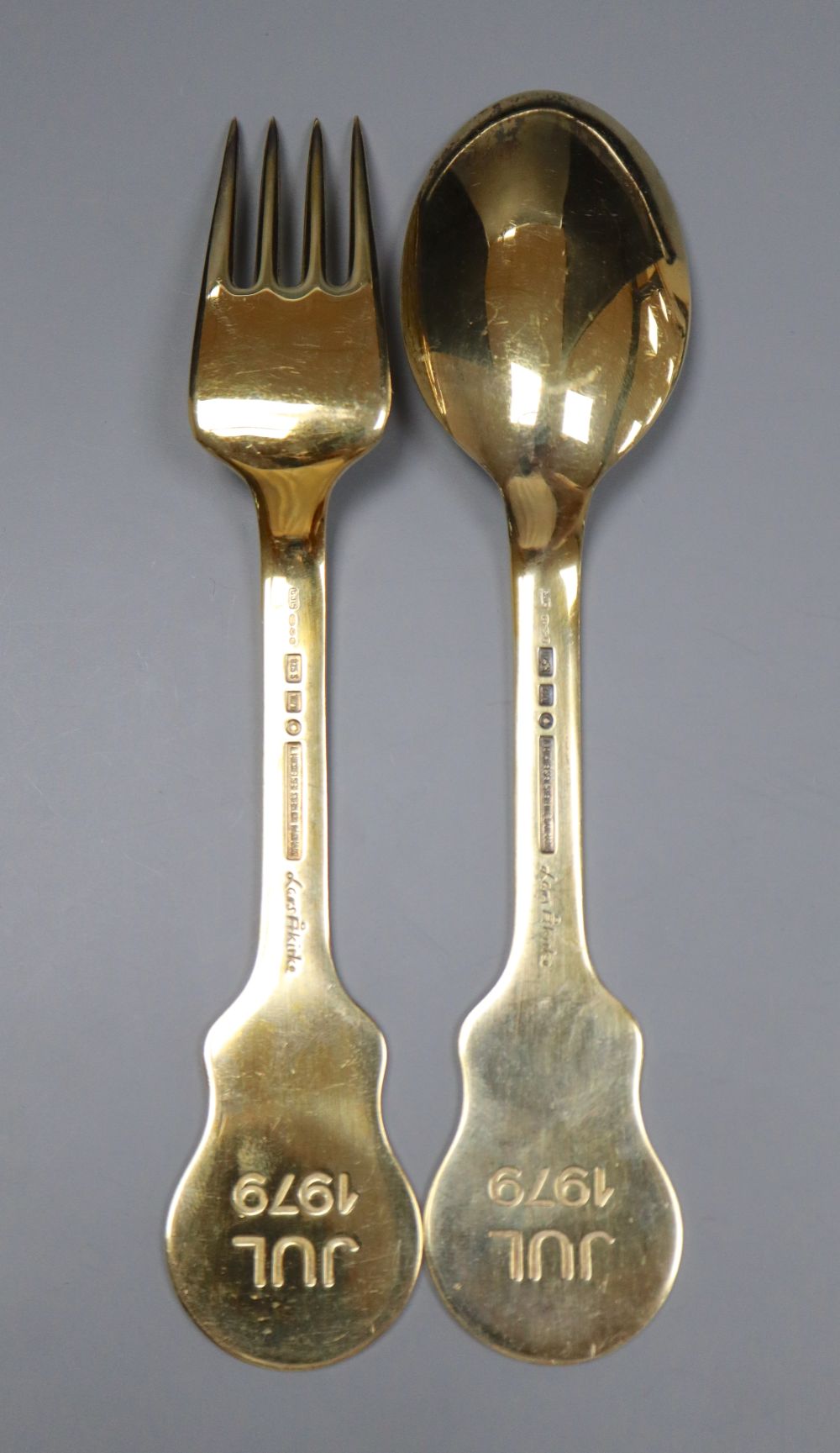 A Danish, Lars Akirke for Michelsen, July, 1979 silver gilt and enamel fork and spoon, 16.5cm, gross - Image 2 of 3