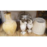 A pair of alabaster lamps, a silver coloured lamp etc