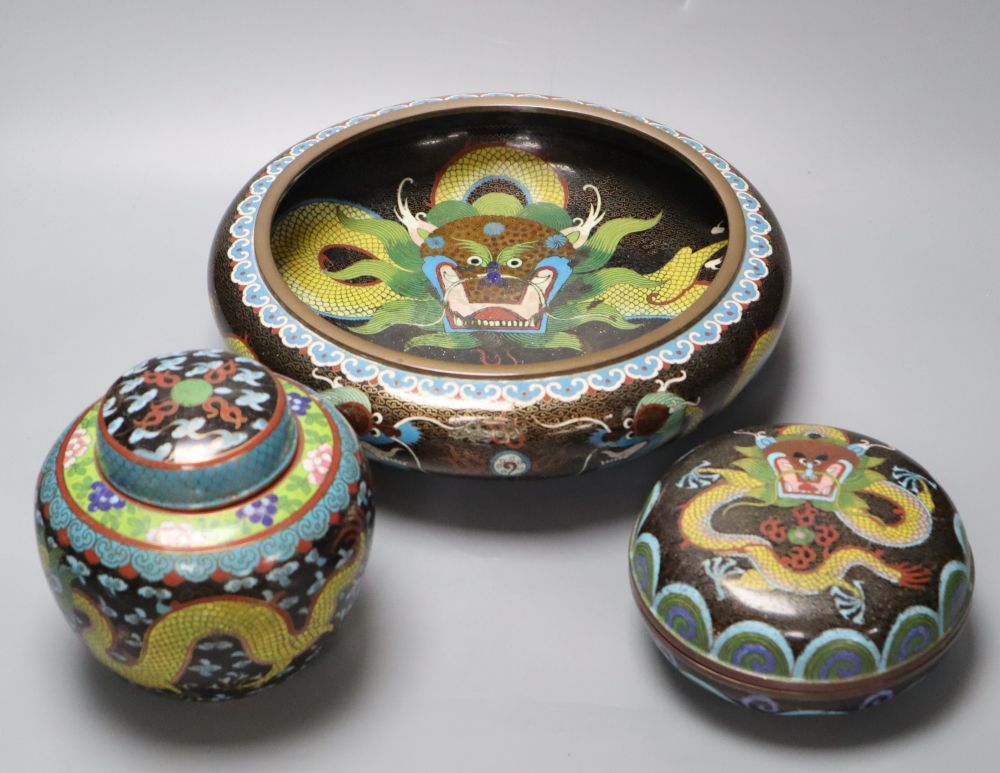 An early 20th century Chinese 'dragon' bowl, a box and cover and a ginger jar and cover, largest