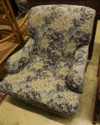 A Howard style upholstered armchair, width 90cm, depth 108cm, height 86cm