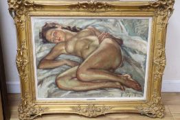 Francois Majorel, oil on canvas, Sleeping female nude, signed, 53 x 72cm