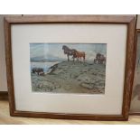 Allen William Seaby (1867-1953), colour wood engraving, Ponies in a coastal landscape, signed in the