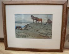 Allen William Seaby (1867-1953), colour wood engraving, Ponies in a coastal landscape, signed in the