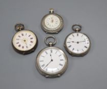 Four assorted white metal fob and pocket watches.