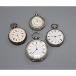 Four assorted white metal fob and pocket watches.