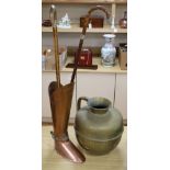 A copper stickstand shaped as a riding boot, height 52cm, two silver mounted walking sticks and a