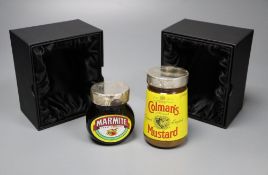 Two modern Theo Fennell silver lidded glass condiment jars (Marmite & Colman's Mustard), London,