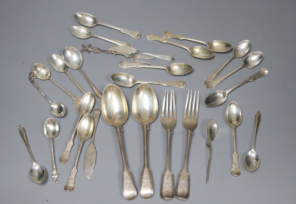 A group of assorted mainly 19th century silver flatware, including a set of six teaspoons by