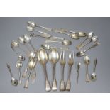 A group of assorted mainly 19th century silver flatware, including a set of six teaspoons by