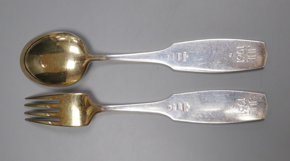 A 1960's Danish gilt sterling and sterling July 1961 fork and spoon, by Michelsen, 16.5cm, gross - Image 2 of 3