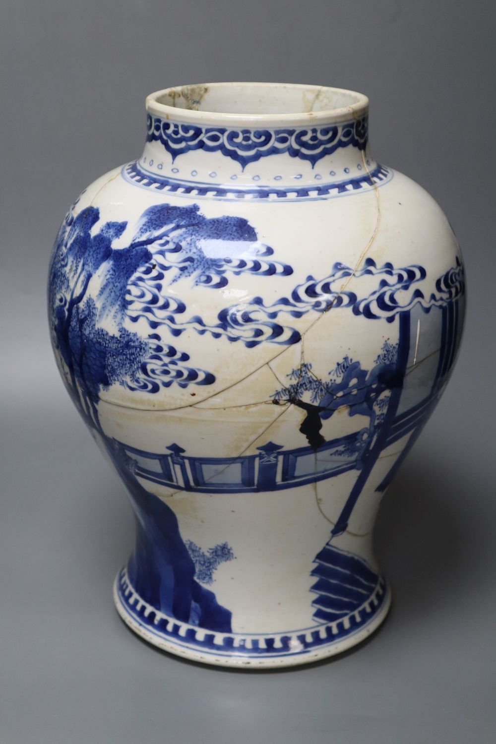 A Chinese Kangxi period blue and white baluster vase, repaired, 35cm - Image 3 of 6