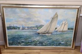 Circle of Stephen Bone, oil on canvas, Racing yachts off Cowes, signed, 89 x 149cm