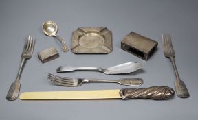 A silver-mounted ivory page turner and a miscellaneous silver items, comprising a set of three