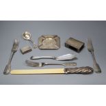 A silver-mounted ivory page turner and a miscellaneous silver items, comprising a set of three