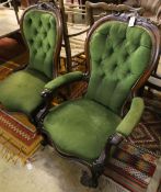 A pair of Victorian mahogany spoonback chairs, one with arms