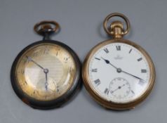 A Gold plated pocket watch and a gun metal pocket watch.