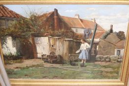 Harry Frier (1849-1921), Farmyard scene with a girl feeding hens, signed and dated 1876, oil on