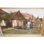 Harry Frier (1849-1921), Farmyard scene with a girl feeding hens, signed and dated 1876, oil on