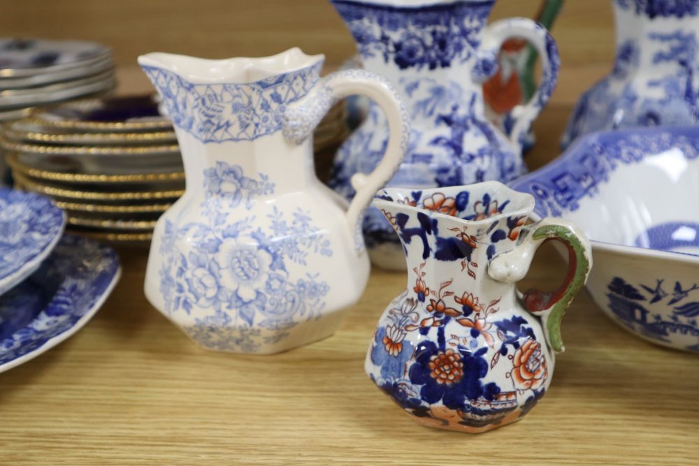 Three Brameld blue printed dishes, five various hydra jugs, tallest 20cm, six Keelings Losol ware - Image 2 of 9