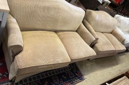 A pair of contemporary beige upholstered two seater settees, width 180cm depth 106cm max height